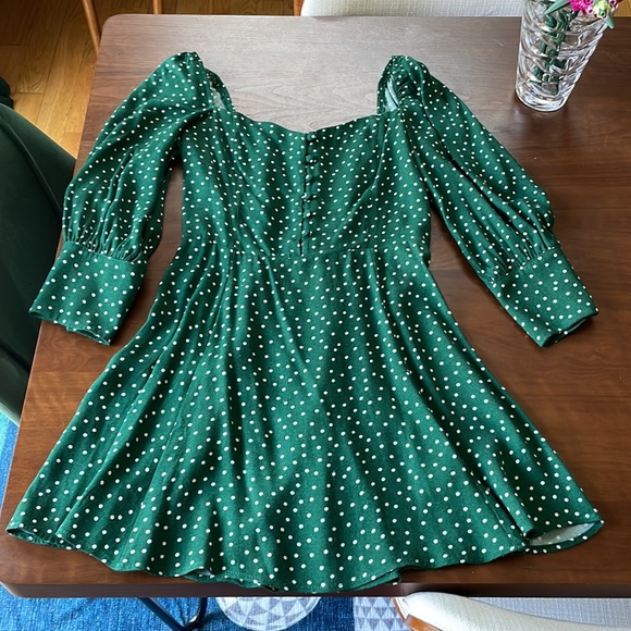 Reformation BEATRICE FIT & FLARE DRESS in Green Polka Dot 8 - Picture 5 of 8